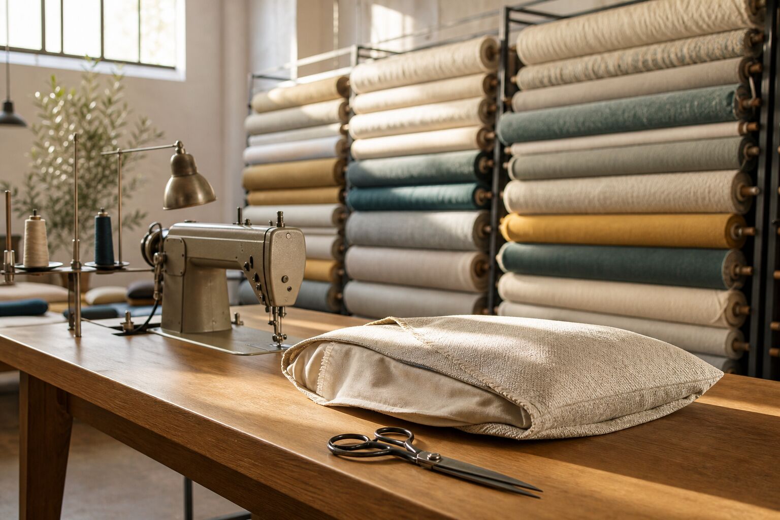 Rolls of upholstery fabric stacked in the Gorgeous Furnishings workshop