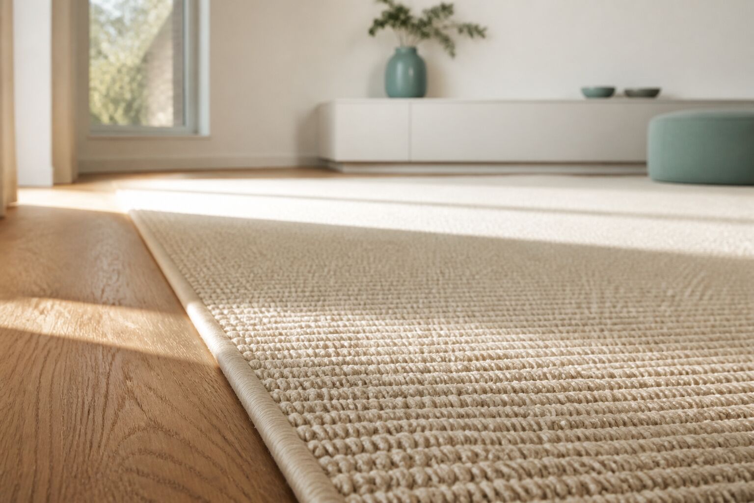 Wool loop-pile carpet freshly fitted and bound against an oak floor