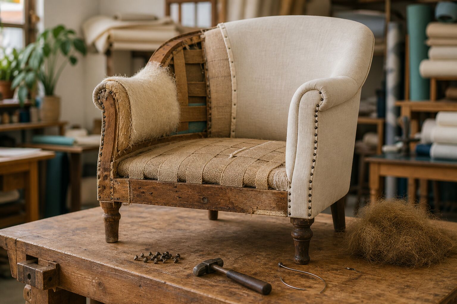 A wing chair stripped to its frame during re-upholstery