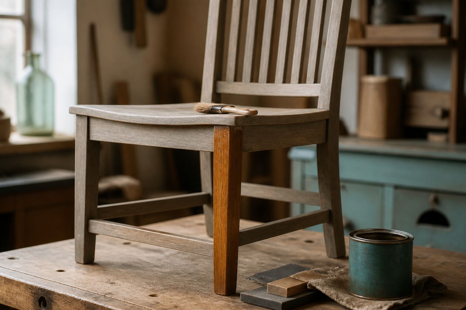 A teak chair mid-restoration, one leg freshly re-varnished against weathered timber