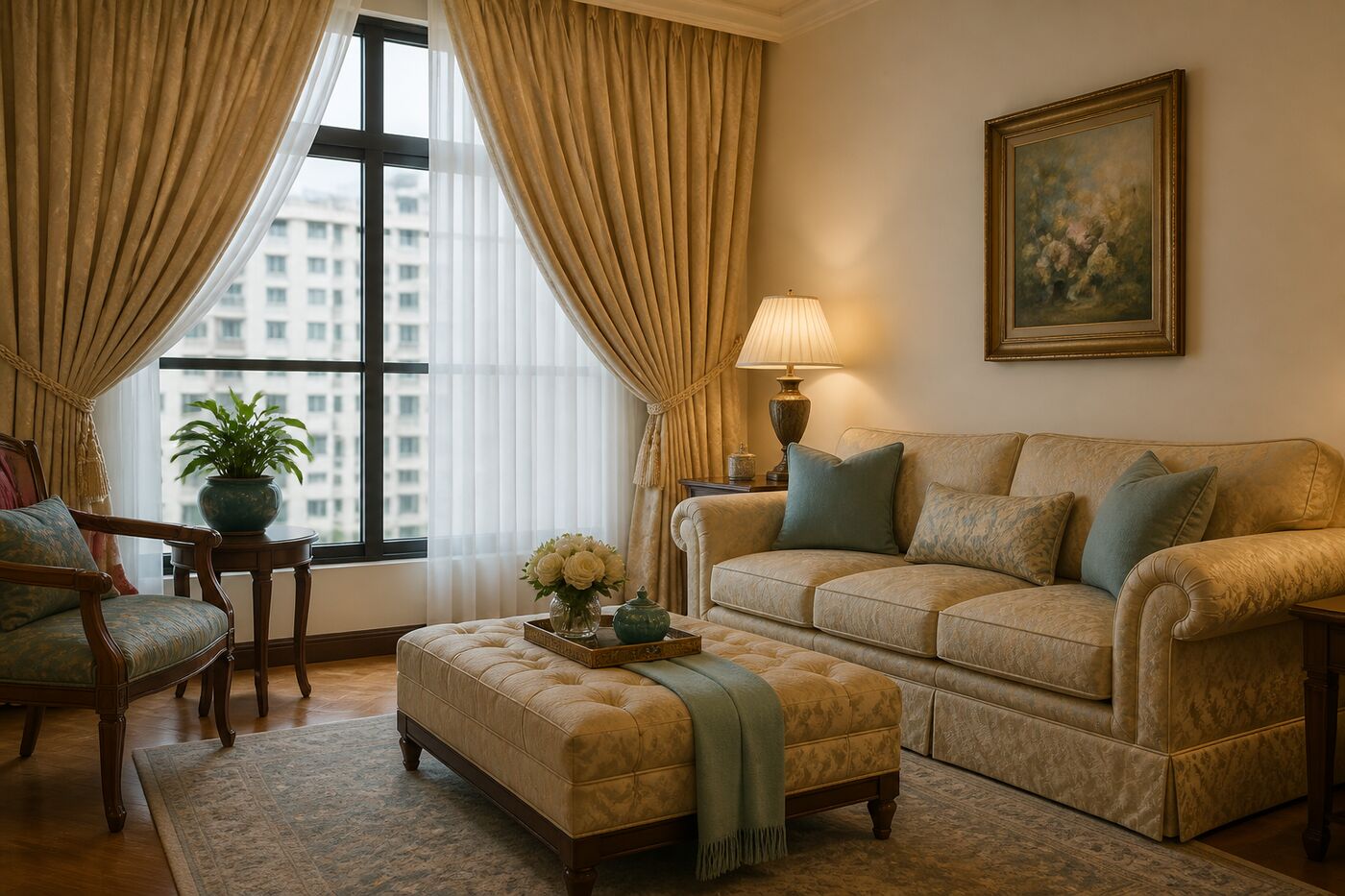 A Singapore living room dressed in champagne damask curtains and upholstery