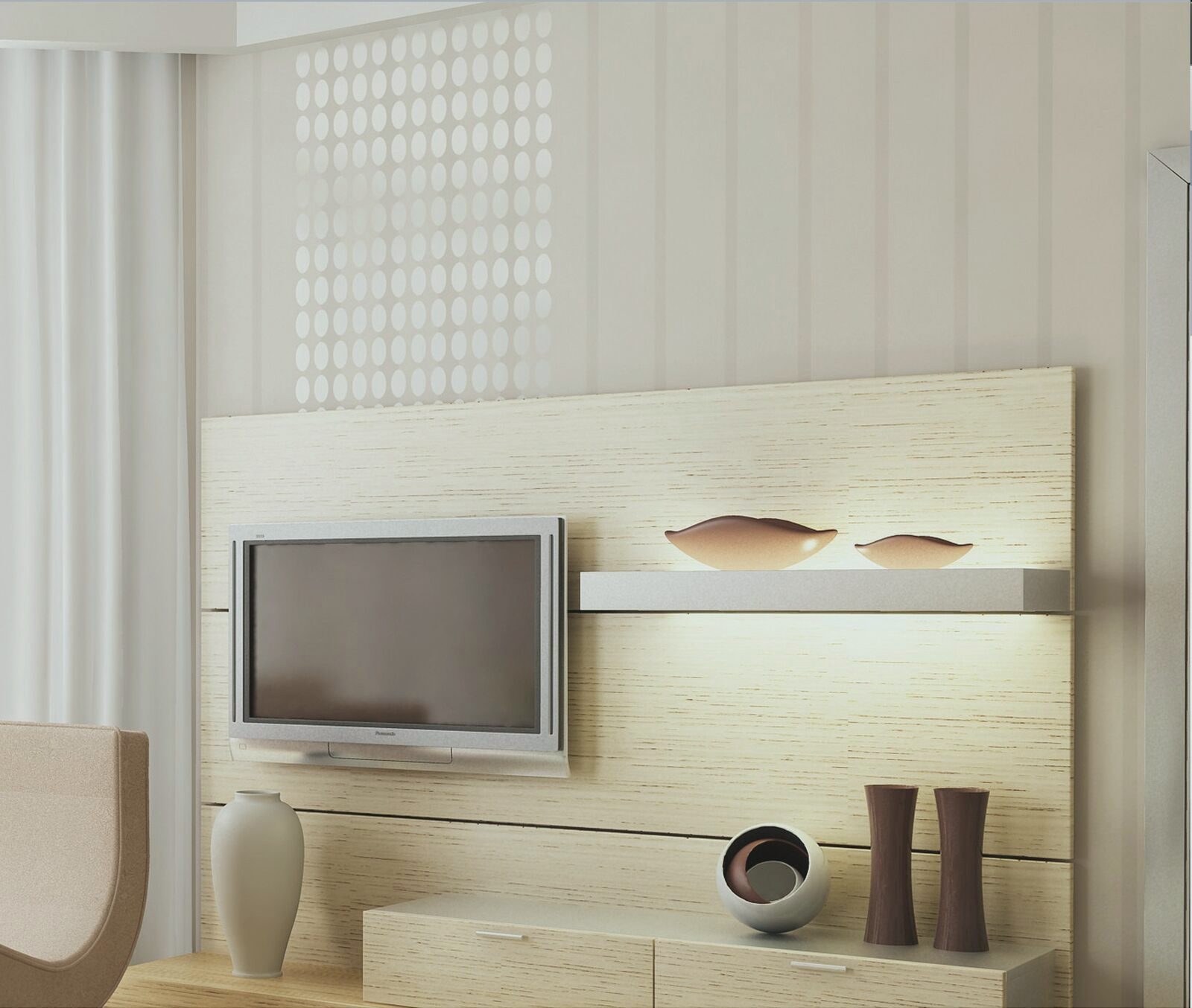 Textured feature wall with sheer side panels