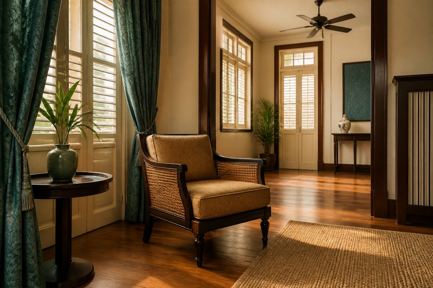 A Singapore sitting room furnished in deep teal and rattan tones